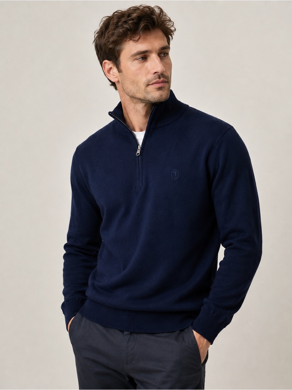 Trussardi 100% Wool Half Zip Sweater Men’s Size S Navy Blue Made in Italy